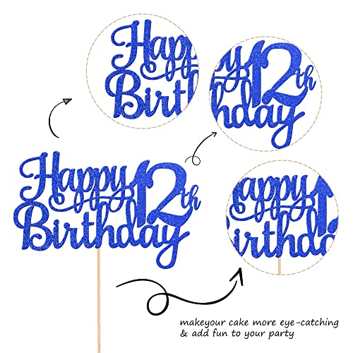 1 PCS Happy 12th Birthday Cake Topper Glitter Cheers to 12 Years Birthday Cake Pick 12 Fabulous Cake Decoration for Happy 13th Birthday Theme Party Decorations Supplies Blue