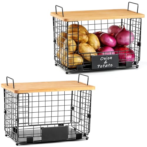 2 Set XL Stackable Wire Basket with Bamboo Tops & Tags (2 Count)
