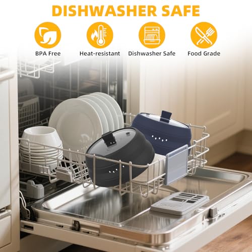 Tall Microwave Splatter Cover Glass Cover Guard Lid 5.8 inch Height with Collapsible Silicone for Food Pot Plate 10.8 inch Black