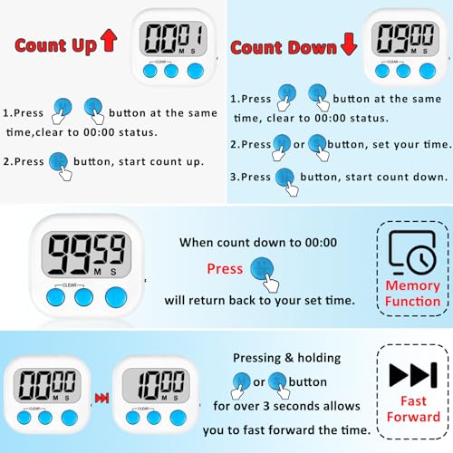 Digital Kitchen Classroom Timers for Kids Cooking 6pcs Wht Blu Grn (6 Count)