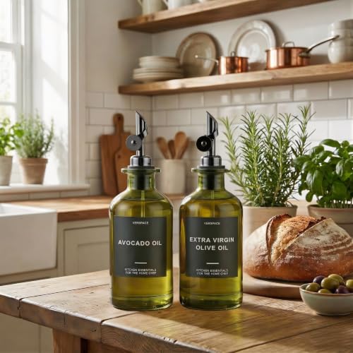 Green Glass Olive Oil Dispenser Bottles For Kitchen (2 Count)