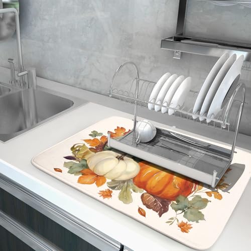 Fall Pumpkin Dish Drying Mat Autumn Leaves Absorbent Dishes Pad 18x24 Inch Seasonal Microfiber Dish Drainer Rack Mat for Kitchen Countertop