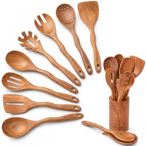 Kitchen 10PCS Teak Wooden Utensils Set With Holder and Spoon Rest (10 Count)
