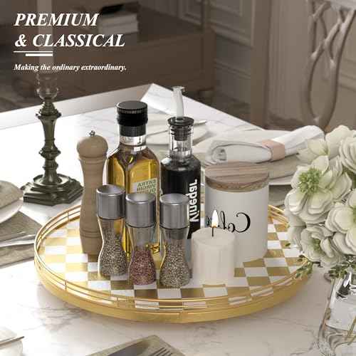 16 Inch Gold and White Checkerboard Lazy Susan with Rubberwood Base