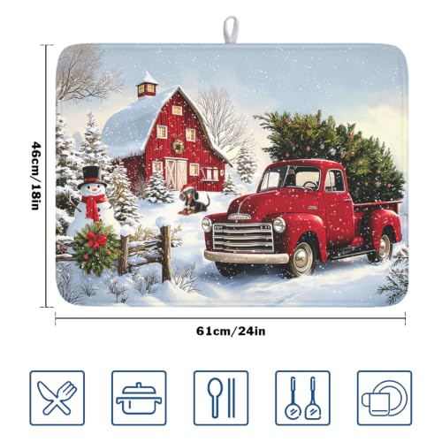 Red Truck Dish Drying Mat Winter Xmas Tree Drainer Rack Pad 18"x24" Microfiber Absorbent Quick Dry Dish Sink Mat for Table Kitchen Counter