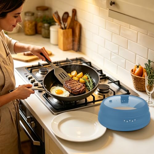 Microwave Splatter Cover Glass Cover Guard Lid with Collapsible Silicone for Food Pot Plate Cover 10.8 inch Blue
