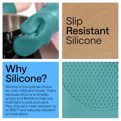 BPA Free Silicone Oven Mitts and Pot Holders Set (4 Count)