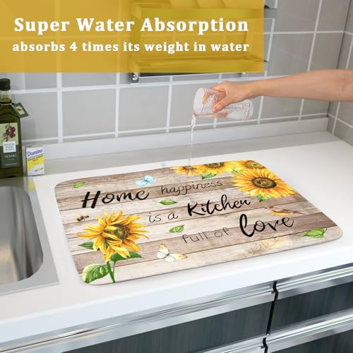 Sunflower Floral Dish Drying Mat for Kitchen Countertop 18x24 inch Rustic Wood Washable Microfiber Absorbent Dishes Drainer Rack Pad
