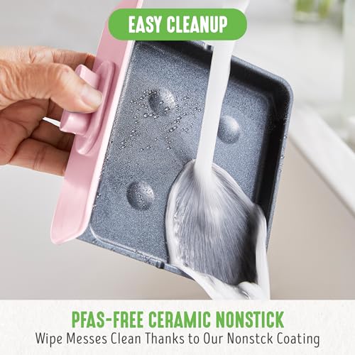 3-in-1 Breakfast Maker Station, Healthy Ceramic Nonstick Dual Griddles for Eggs Meat Sausage Bacon Pancakes and Breakfast Sandwiches, 2 Slice Toast Drawer, Easy-to-use Timer, Pink