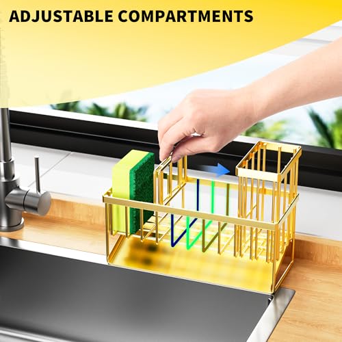 Gold Kitchen Sink Caddy Organzier with High Brush Holder
