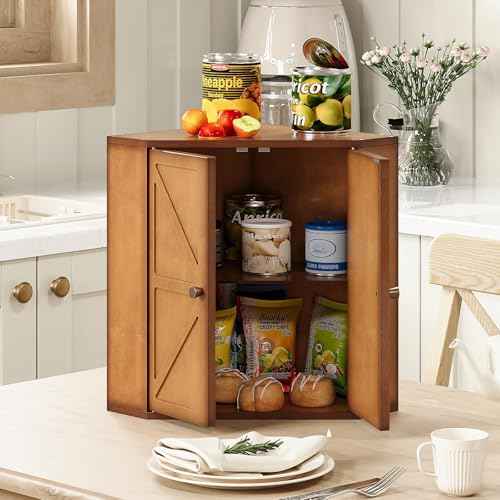 Corner Bread Box for Kitchen Counter Double Layer Bamboo Bread Storage Container Large Capacity Bread Storage Bin Farmhouse Breadbox Organizer