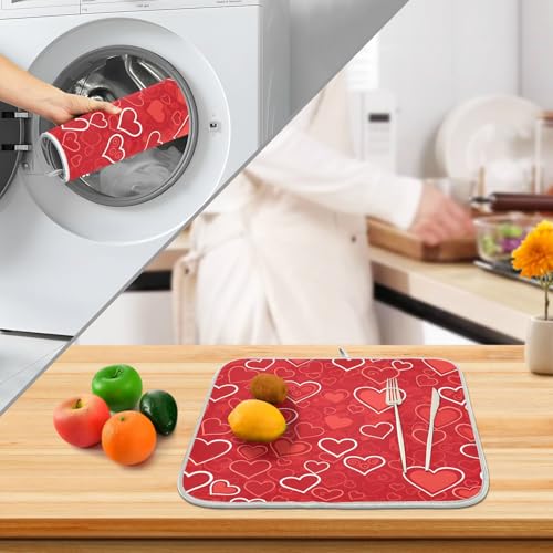 Red Hearts Cute Dish Drying Mat for Kitchen Counter Absorbent Microfiber Small Drying Pad Dish Mats for Kitchen Countertops 16 x 18 Inch