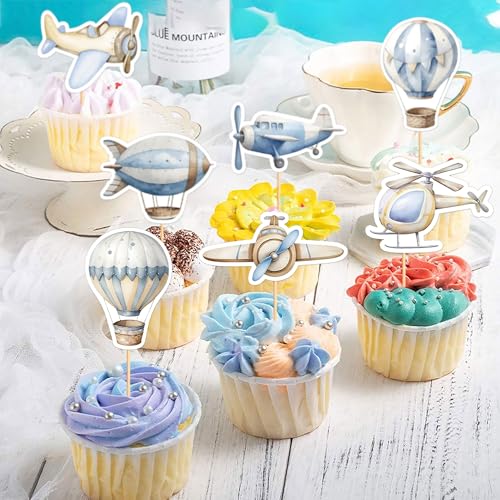 35Pcs Watercolor Blue Airplanes Cupcake Toppers Cartoon Hot Air Balloon Helicopter Cupcake Picks for Blue Boys Birthday Cupcake Decorations Airplane Baby Shower Cake Decorations (35 Count)