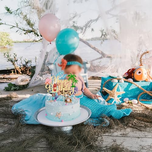 1Pcs Summer Beach Happy Birthday Cake Topper Glitter Ball Tree Umbrella Pool Cake Pick for Hawaiian Holiday Baby Shower Birthday Party Cake Decorations Supplies Gold