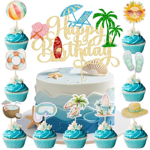 37Pcs Summer Beach Pool Cupcake Toppers Glitter Beach Happy Birthday Cake Topper Ball Sun Umbrella Water Gun Cupcake Picks for Tropical Hawaii Theme Birthday Party Decorations Supplies Gold (37 Count)