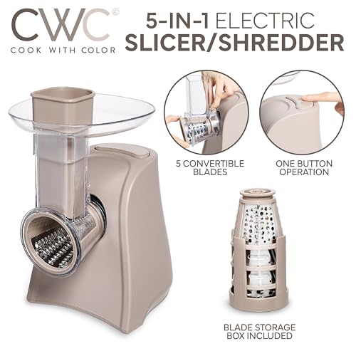 5-in-1 Electric Slicer, 150W Food Prep Machine – Parmesan Shredder, Fine & Coarse Graters, Potato Grater, Vegetable Slicer, Compact Design for Bowl Prep, Warm Grey