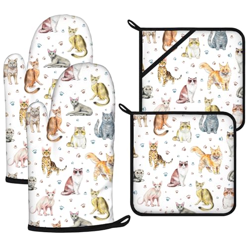 Cute Cats Oven Mitts and Pot Holders Sets 4Pcs
