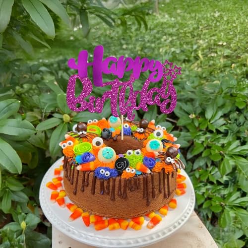 1Pcs Happy Birthday Cake Topper Glitter Happy Birthday Cake Pick Decorations for Celebrating Baby Shower Theme Kids Boys Girls Anniversary Party Decorations Supplies Purple
