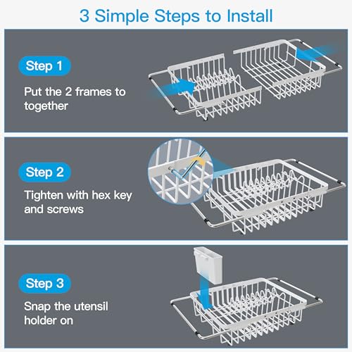 White Dish Drying Rack Over the Sink with Utensil Holder
