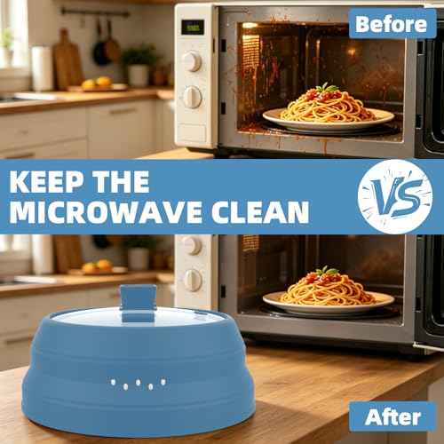 Tall Microwave Splatter Cover Glass Cover Guard Lid 6 inch Height with Collapsible Silicone for Food Pot Plate 12.5 inch Blue