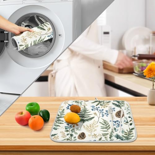 Vintage Herbs Fern Leaves Floral Plant02 Dish Drying Mat for Kitchen Counter Absorbent Microfiber Large Drying Pad Dish Mats for Kitchen Countertops 18 x 24 Inch
