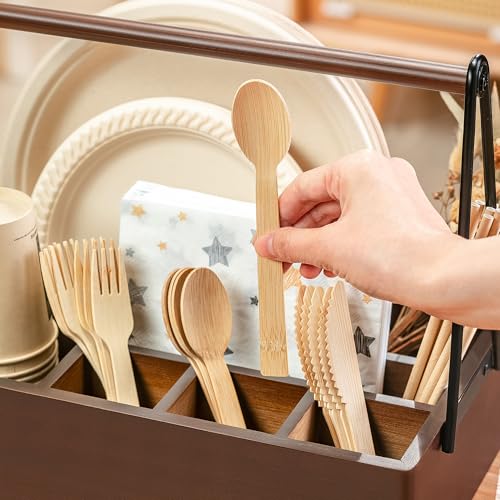Silverware Caddy with Handle Acacia Wood Utensil Holder Paper Plate Holder