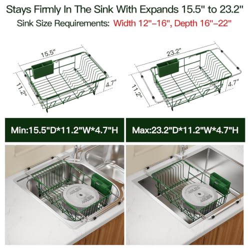 Green Expandable Dish Drying Rack Over Sink with Anti