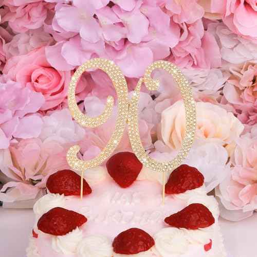 Gold 90th Birthday Cake Topper Rhinestones Cake Decorations for 90th Birthday Party