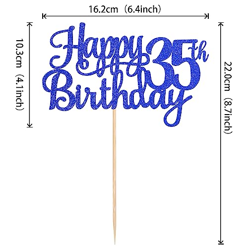 1 PCS Happy 35th Birthday Cake Topper Glitter Cheers to 35 Years Birthday Cake Pick Thirty Five 35 Fabulous Cake Decoration for Happy 35th Birthday Theme Party Decorations Supplies Blue