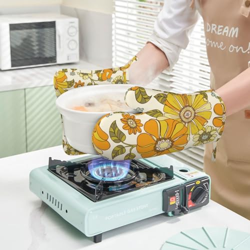Retro 70s Style Flower Oven Mitts and Pot Holders Sets Silicone Kitchen Mitts Potholders Heat Resistant 4Pcs Oven Gloves Hot Pads for Kitchen Baking Cooking BBQ Grilling (4 Count)