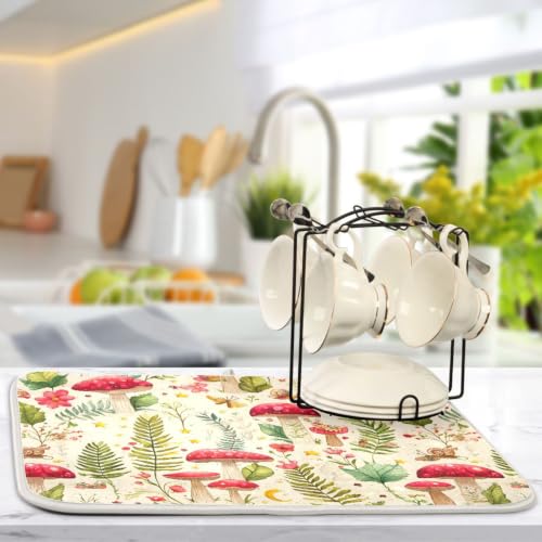 Mushroom Forest Fern Leaves Dish Drying Mat for Kitchen Counter Absorbent Microfiber Drying Pad