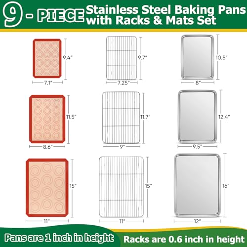 Stainless Steel Baking Sheet Pan with Rack & Mat (9 Count)