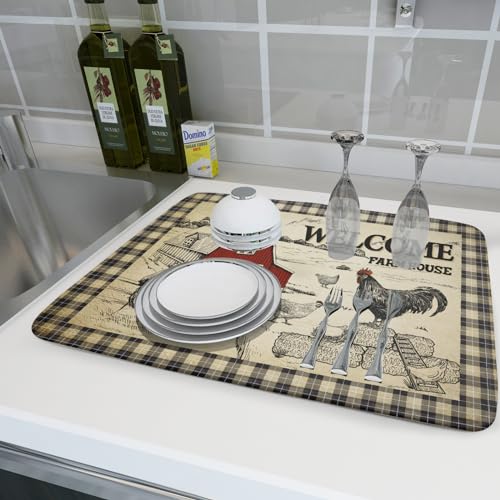 Farmhouse Rooster Dish Drying Mat 18x24 Inch Country Chicken Absorbent Dish Drainer Mat Reversible Countertops Protector Pad Kitchen Accessories