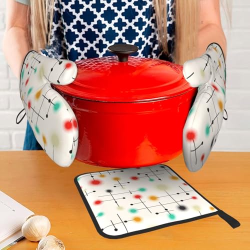 Mid Century Modern Oven Mitts and Pot Holders Sets of 3 Heat Resistant Non Slip Retro Kitchen Gloves Hot Pads for Cooking BBQ Grilling Baking (3 Count)