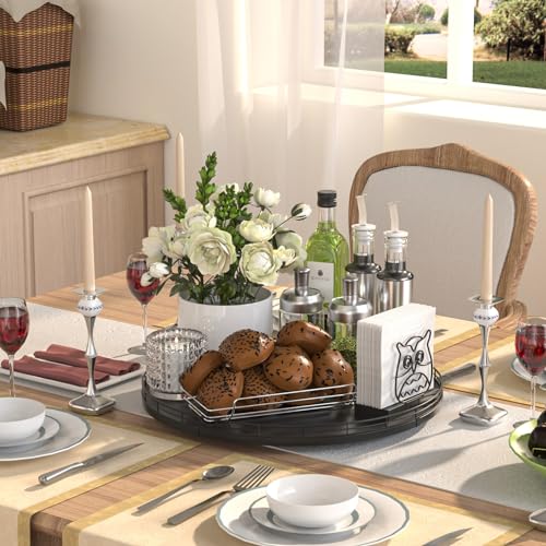16 Inch Oak Lazy Susan Organizer with Black Metal Rail