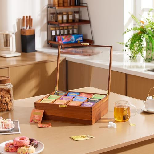 Wood Tea Bag Organizer with Clear Glass Lid (12 Count)