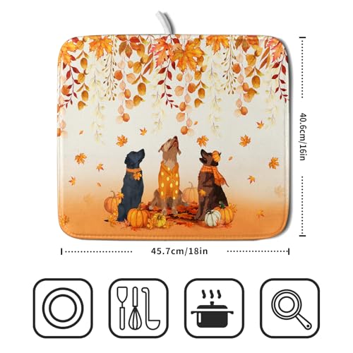 Fall Dogs Dish Drying Mat Autumn Leaves Reusable Dishes Pad 16"x18" Holiday Microfiber Quick Dry Dish Drainer Rack Mat for Kitchen Counter