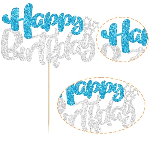 1Pcs Happy Birthday Cake Topper Glitter Happy Birthday Cake Pick for Winter Wonderland Baby Shower Theme Anniversary Party Decorations Supplies Blue Silver