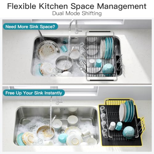 Black Dish Drying Rack in Sink with Mat