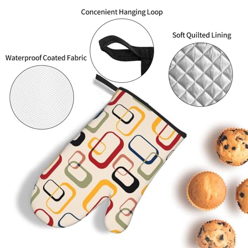 Mid Century Modern Retro Oven Mitts and Pot Holders Sets of 3 Vintage Decorative Heat Resistant Non Slip BBQ Gloves for Cooking Grilling Baking Kitchen Decor (3 Count)