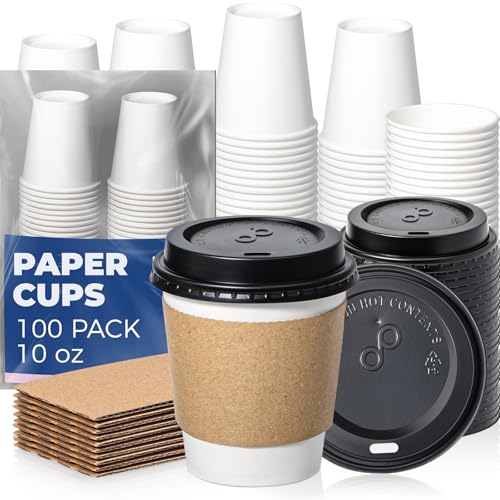 100 Pack 10 oz Disposable Coffee Cups with Lids (100 Count)