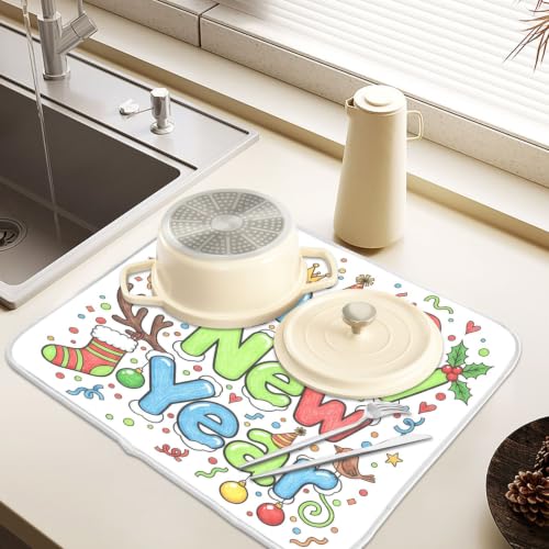 Cute Happy New Year Dish Drying Mat for Kitchen Counter Absorbent Microfiber Small Drying Pad Dish mats for Kitchen Countertops 16 x 18 Inch