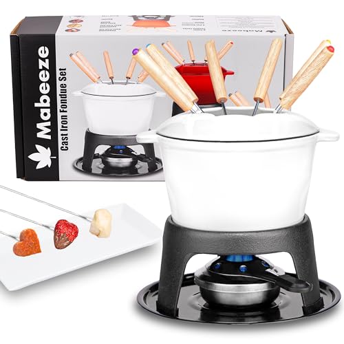 Cast Iron Fondue Pot Set White Enameled 1.6 Qt for Cheese