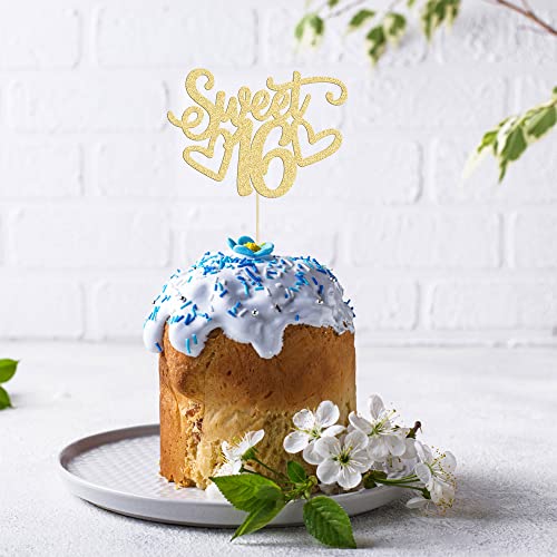 1Pc Sweet Teenager 16 Cake Topper Glitter 16th Birthday Cake Pick for Cheers to 16 Years Old 16th Birthday Party Cake Decorations Supplies Gold