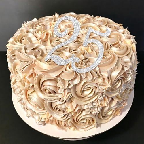 Silver 25th Birthday Cake Topper Rhinestones Cake Decorations for 25th Birthday Party