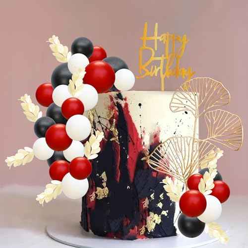 57Pcs Balls Cake Topper Boho Grass Cake topper Pearl Balls Acrylic Happy Birthday Cake Decorations for Wedding Baby Shower Birthday Boho Themed Party Supplies Black Red White (57 Count)