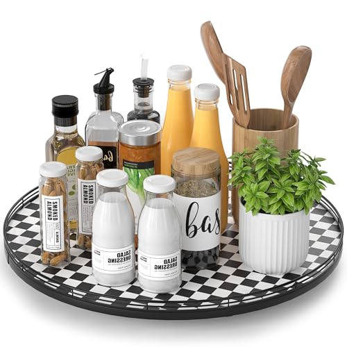 18 Inch Black and White Checkerboard Lazy Susan Decorative Tray