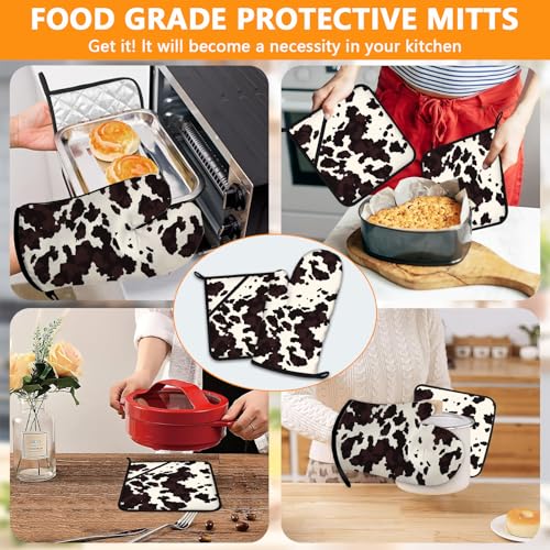 Black Cow Print Oven Mitts and Pot Holders Sets 4Pcs