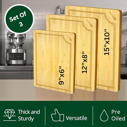 3 Piece Bamboo Cutting Board for Kitchen Butcher Block for Chopping Meat