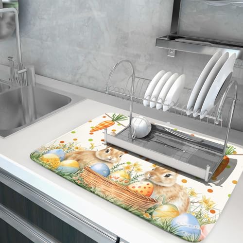 Easter Bunny Dish Drying Mat Eggs Carrot Dishes Drainer Pad Absorbent Reversible Dish Rack Mat Protector for Kitchen Countertop 18x24 Inch
